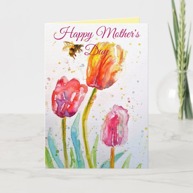 Carte Elegant Tulip and Bee Watercolour Mothers Day Card (Devant)