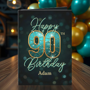 Carte Elégant Turquoise et métal or 90e anniversaire