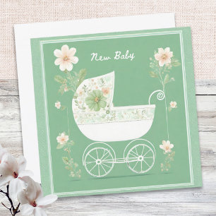 Carte Élégant Vert Menthe Joli Landau Fleurs Nouveau-Né