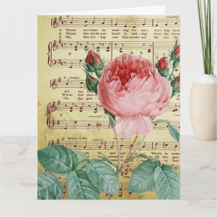 Carte Élégant Vintage Romantique Rose Antique Notes musi