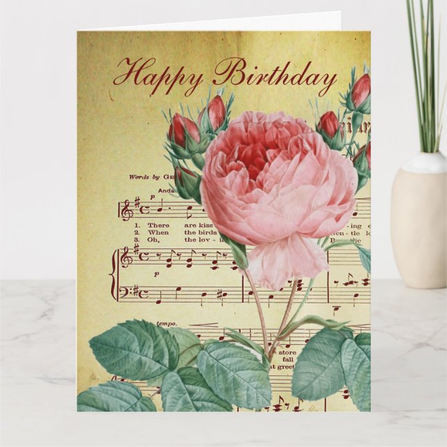 Carte Élégant Vintage Romantique Rose Antique Notes musi (Devant)