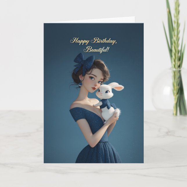 Carte Elegant Woman in Midnight Blue w/ Bunny Birthday (Devant)