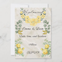 Elegant Yellow Floral and Marble Wedding Invitatio