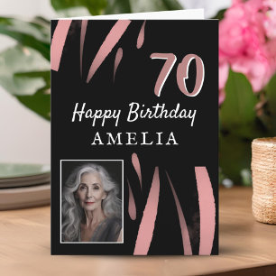 Carte Elégante aquarelle noire rose 70e anniversaire Pho