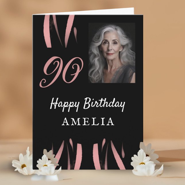Carte Elégante aquarelle rose noire 90e anniversaire Pho (Créateur téléchargé)