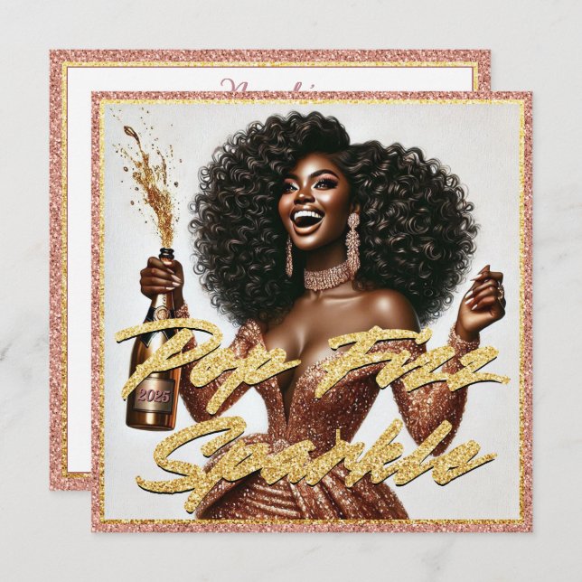 Carte Élégante Black Woman Rose Gold Champagne Nouvel An (Devant / Derrière)