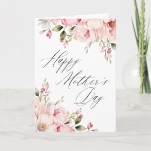 Carte Élégante calligraphie Fête des mères florales rose