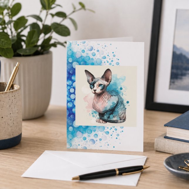 Carte élégante chat Sphinx bleu aquarelle animal d (Créateur téléchargé)