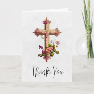 Carte Elégante Croix en bois avec Merci de fleurs roses