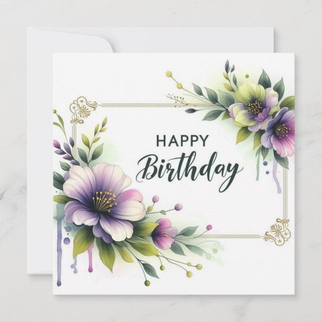 carte élégante de cadre de fleur d'anniversaire (Devant)