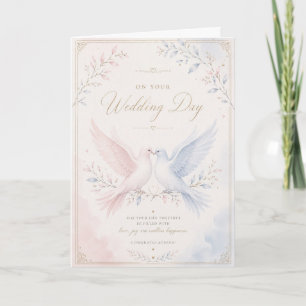 Carte élégante de colombes de mariage rose et bleu