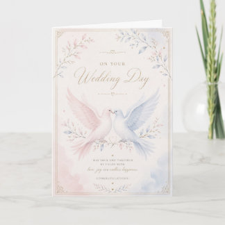 Carte élégante de colombes de mariage rose et bleu