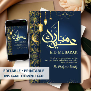 Carte élégante de Eid Mubarak bleu marine et or fl