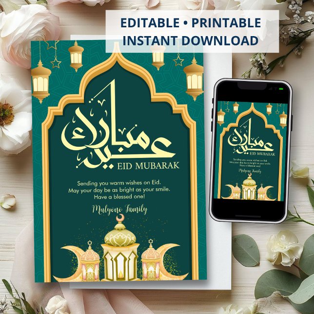Carte élégante de Eid Mubarak verte émeraude et do (Créateur téléchargé)