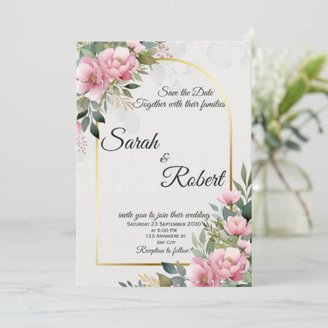 Carte Élégante de Faire-Part de Mariage Fleur de P (Debout devant)
