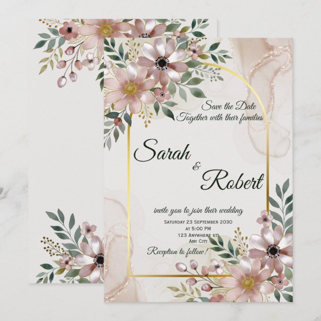 Carte Élégante de Faire-Part de Mariage Fleurs en  (Devant / Derrière)