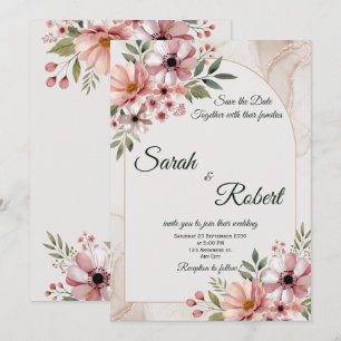 Carte Élégante de Faire-Part de Mariage Fleurs Ros