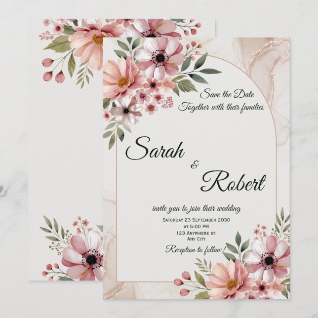 Carte Élégante de Faire-Part de Mariage Fleurs Ros (Devant / Derrière)