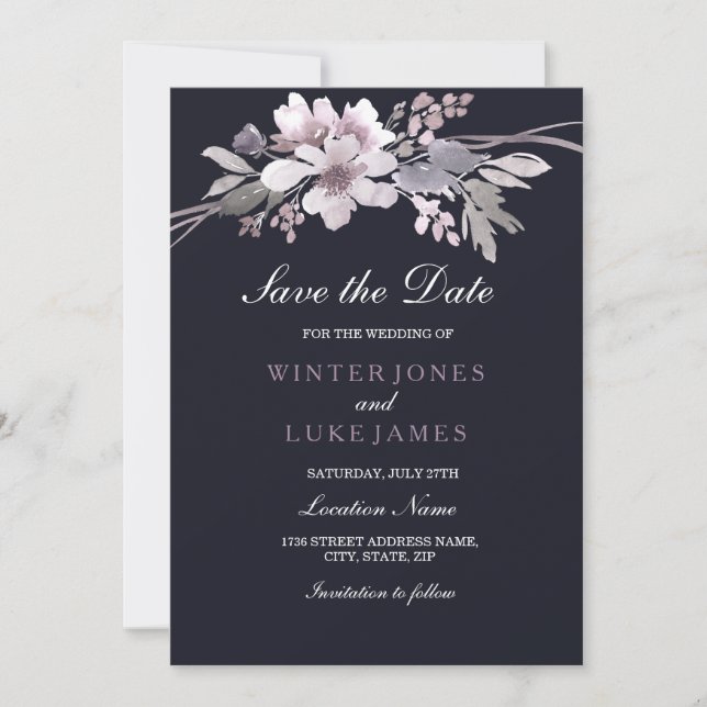 Carte élégante de faire-part de mariage violet mar (Devant)