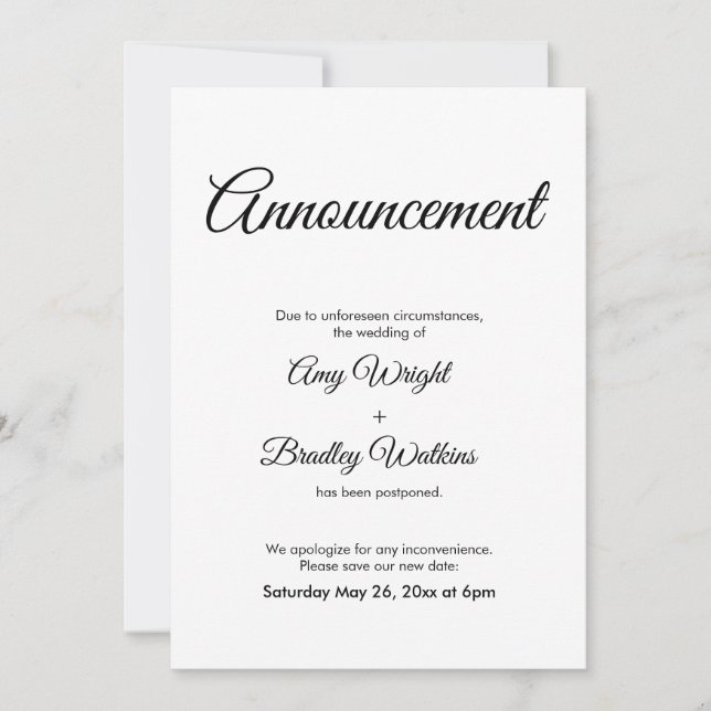 Carte élégante de Faire-part Mariage reportée (Devant)