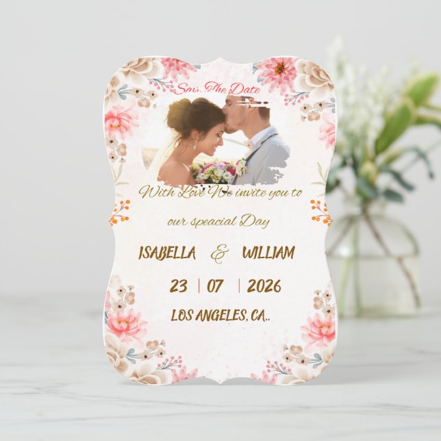 Carte Élégante de Fleurs pour Sauvegarder la Date (Debout devant)