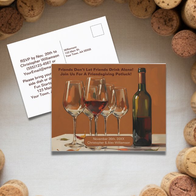 Carte Élégante de Friendsgiving Potluck avec Vin P (Créateur téléchargé)
