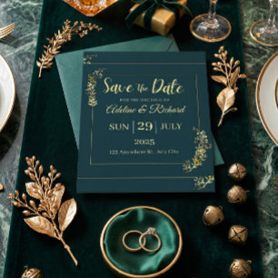 Carte Élégante de Mariage Fleurs Dorées "Save The 