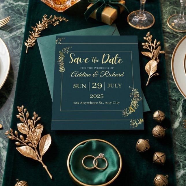 Carte Élégante de Mariage Fleurs Dorées "Save The  (Créateur téléchargé)