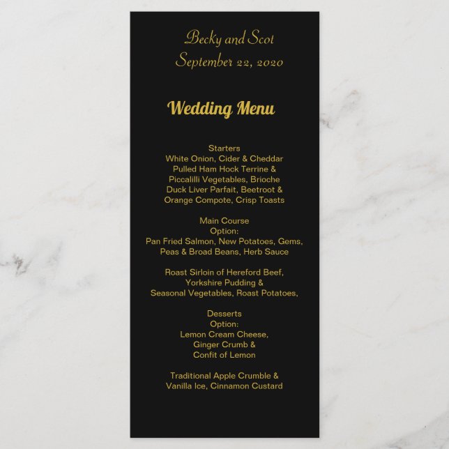 Carte élégante de menu de mariage de noir et d'or (Devant)