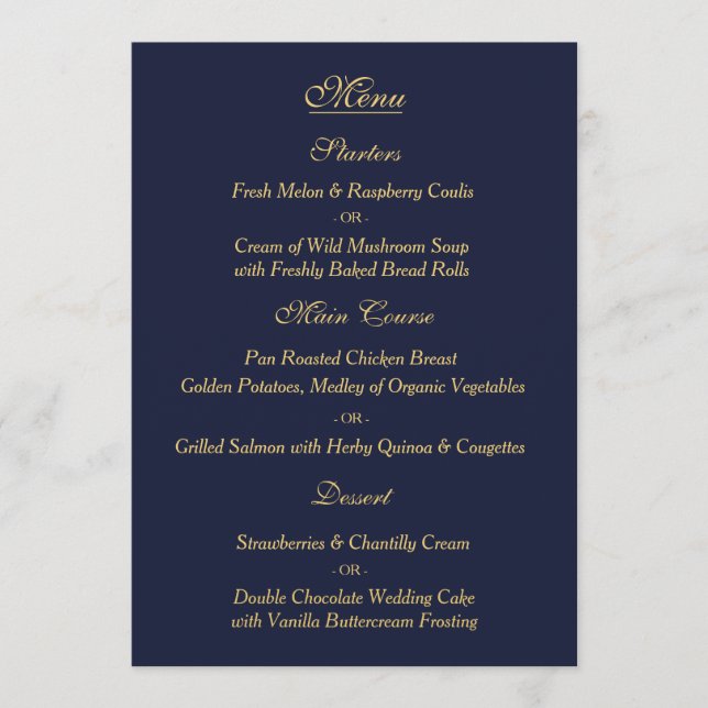 Carte élégante de menu de mariage d'or de marine (Devant)