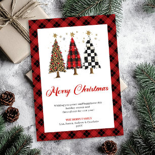 Carte élégante de Noël à carreaux de buffle et léo
