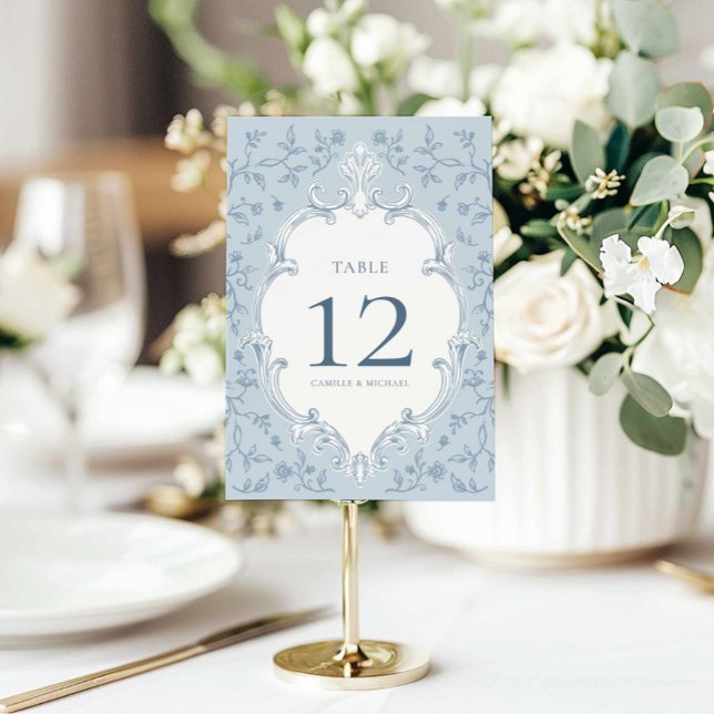 Carte élégante de numéro de table de mariage en to (Blue Toile Wedding Table Numbers)