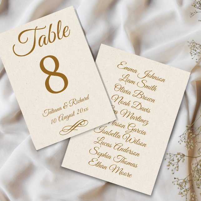 Carte élégante de numéro de table en écriture doré (elegant gold script wedding table number card)
