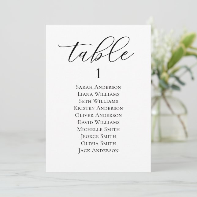 Carte élégante de plan de table de mariage en écri (Debout devant)