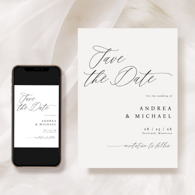 Carte Élégante de Rendez-vous Moderne Romantique (Modern Save the Date Cards - Romantic Calligraphy Wedding - Black and White - Downloadable)