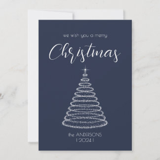Carte élégante de sapin de Noël bleu marine brilla