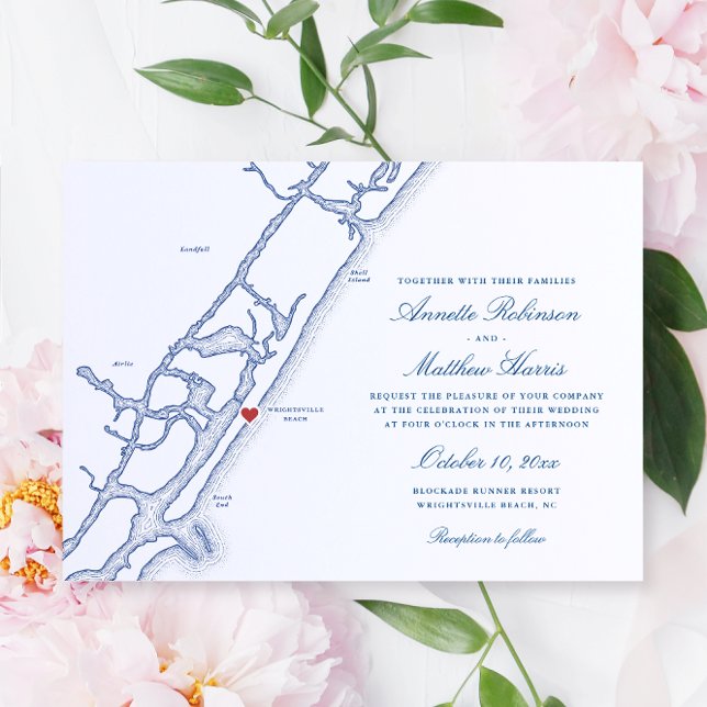 Carte élégante de Wrightsville Beach NC pour maria (Elegant Wrightsville Beach NC Wedding Invitation with navy blue Map from Coastal Map Designs)