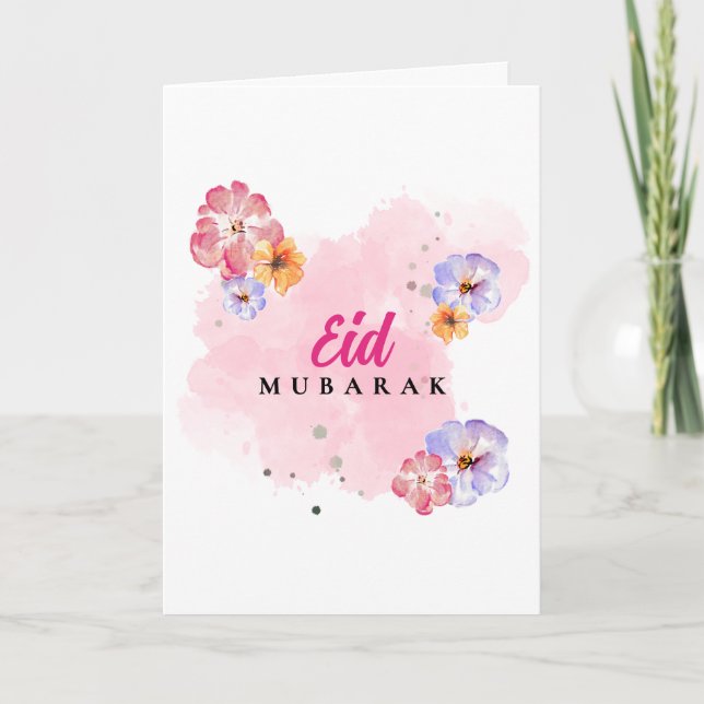 Carte élégante Eid Mubarak à l'aquarelle florale.  (Devant)