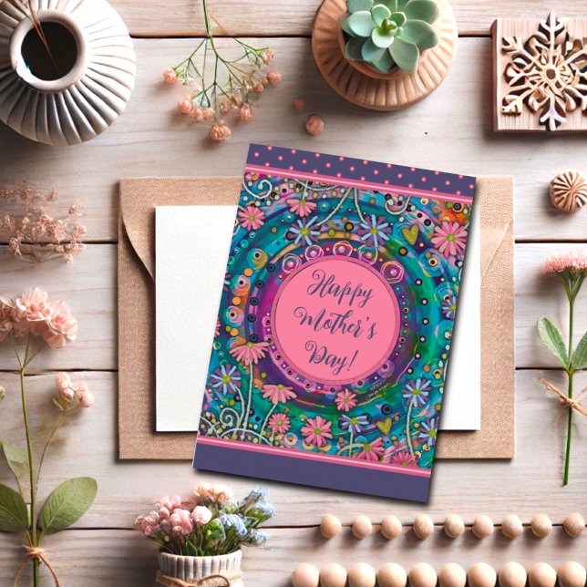 Carte Elégante Maman Floral Plutôt Rose Bleu Fête des Mè (Créateur téléchargé)