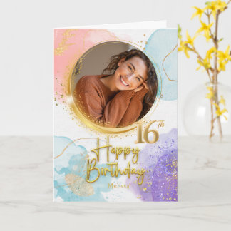 Carte Élégante Pastel & Or Photo Nom 16e Anniversaire