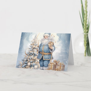 Carte Elégante Père Noël Bleue avec Design Arbre de Noël