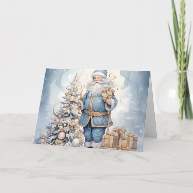 Carte Elégante Père Noël Bleue avec Design Arbre de Noël (Devant)