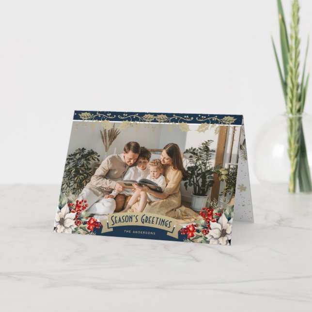 Carte Élégante photo de poinsettia aux baies rouges de h (Devant)