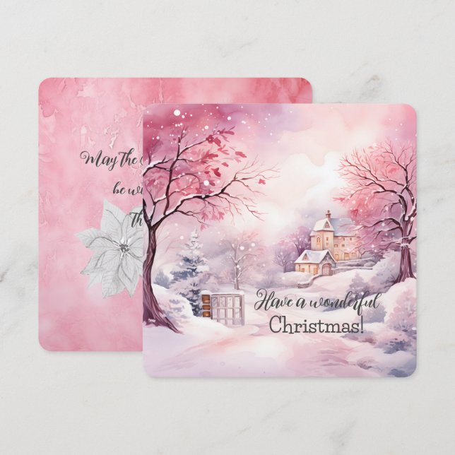 Carte Élégante Scène De Noël Rose En Hiver (Devant / Derrière)