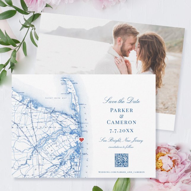 Carte élégante Sea Bright New Jersey QR (These Sea Bright New Jersey save the dates have a QR code for your wedding website and your photo)