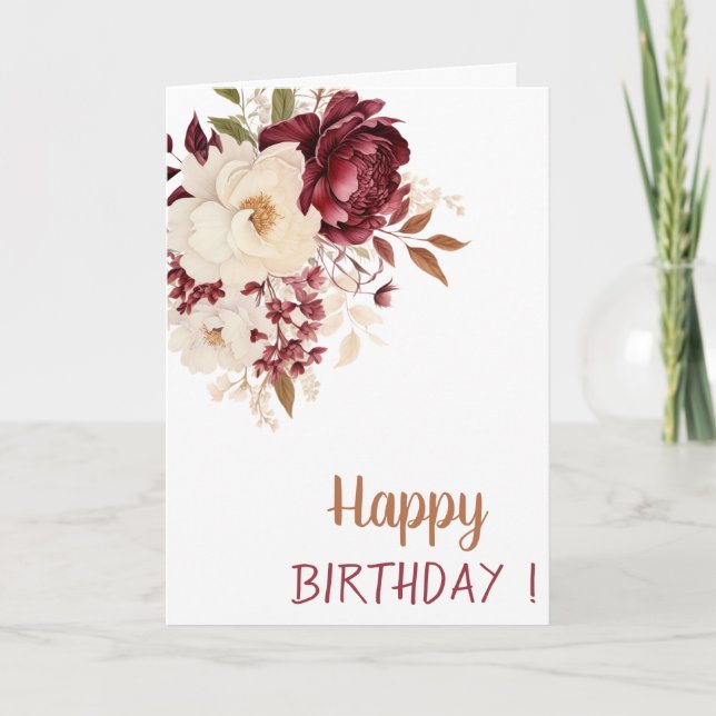 Carte Élégantes Fleurs Roses Blanches Bourgogne Annivers (Devant)