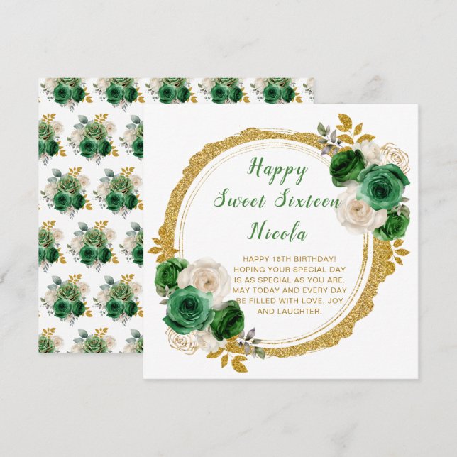 Carte Élégantes fleurs vert foncé et or pour un Sweet Si (Devant / Derrière)
