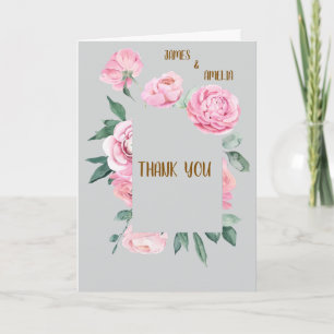Carte Élégantes Roses Roses et Fleurs Grises pour un Mar