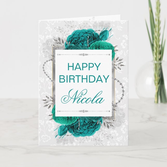 Carte Élégantes Roses Sarcelle & Anniversaire Paillettes (Devant)