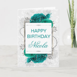 Carte Élégantes Roses Sarcelle & Anniversaire Paillettes